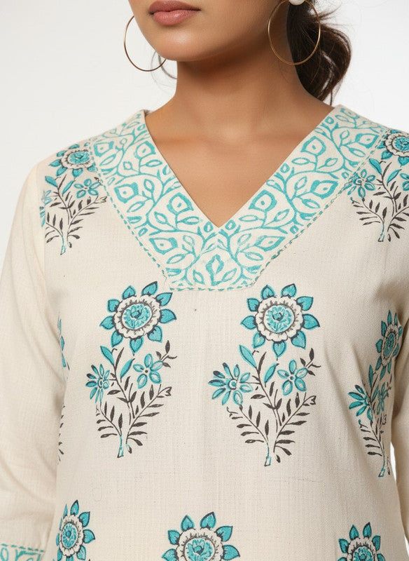 Cream & Aqua Floral Printed Straight Kurta with Palazzo Pants