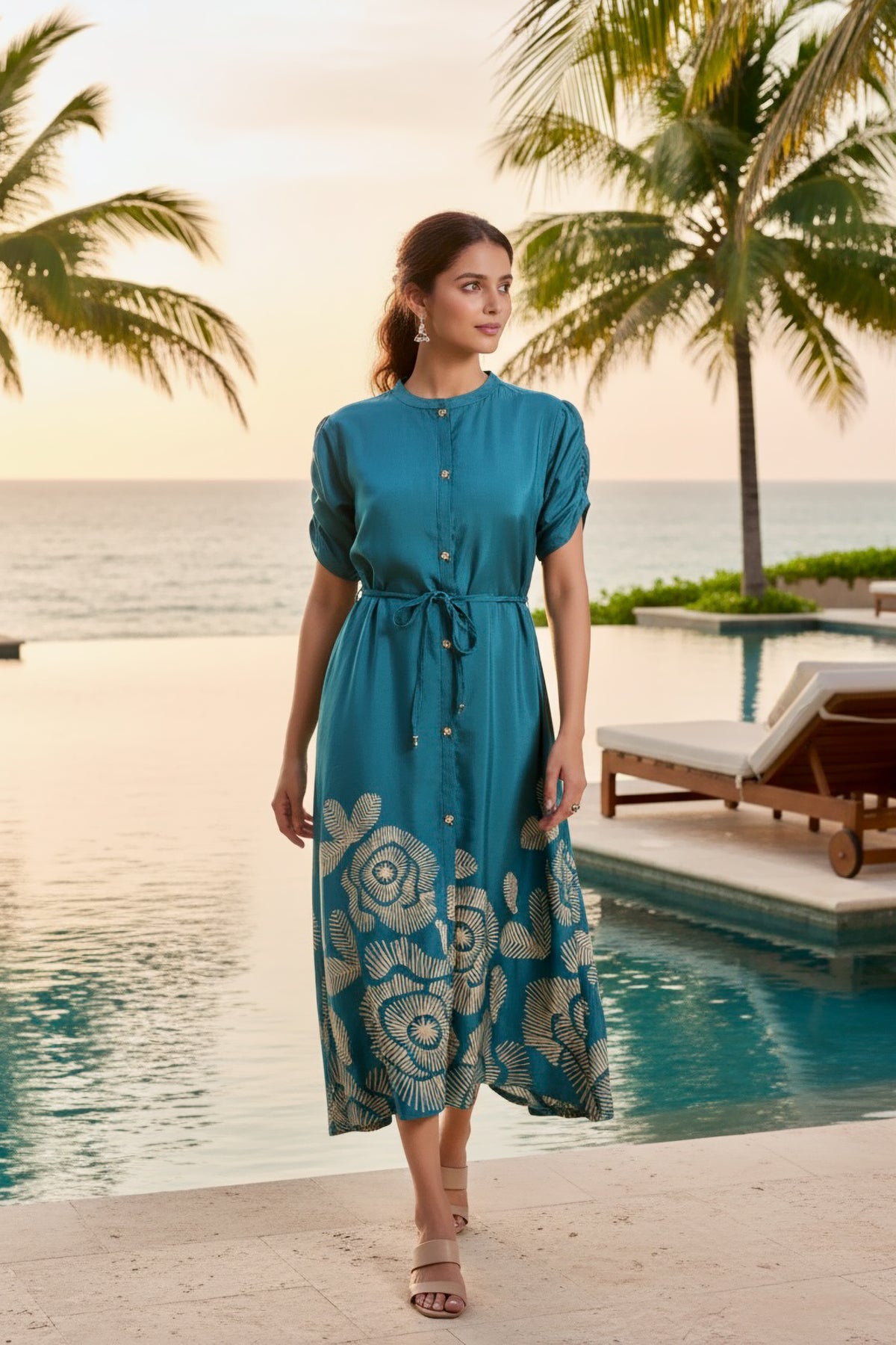 handcrafted midi dress for women Teal Green Floral Russian Silk Thoughtfully created in premium Cocktail Dresses Size 0-8 Color:Mauve Cream street ware