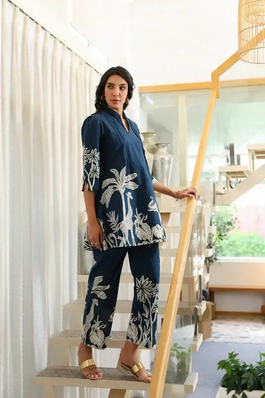 Navy Blue Jungle Mystique Cotton Co-ord Set