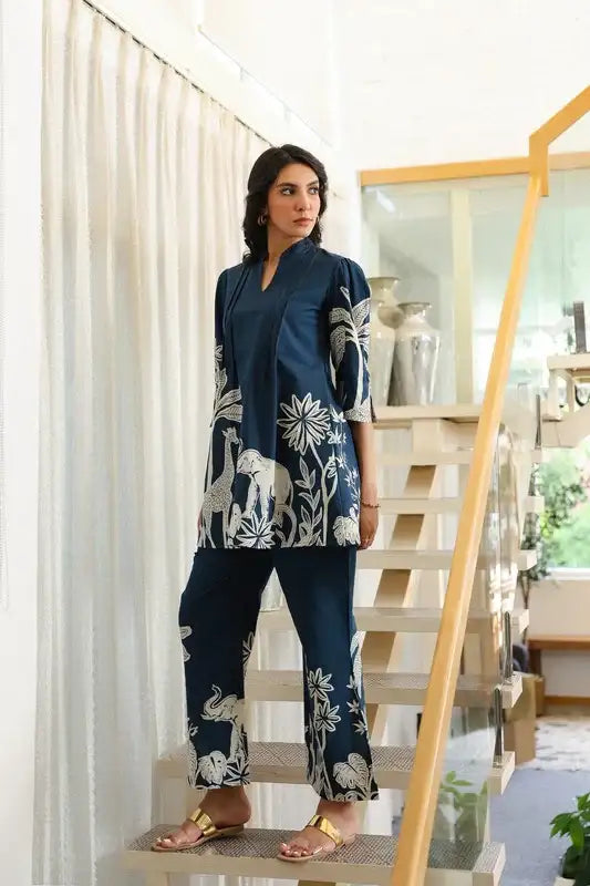 Navy Blue Jungle Mystique Cotton Co-ord Set