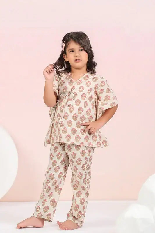 Cream Floral Cotton Kaftan Pyjama Set