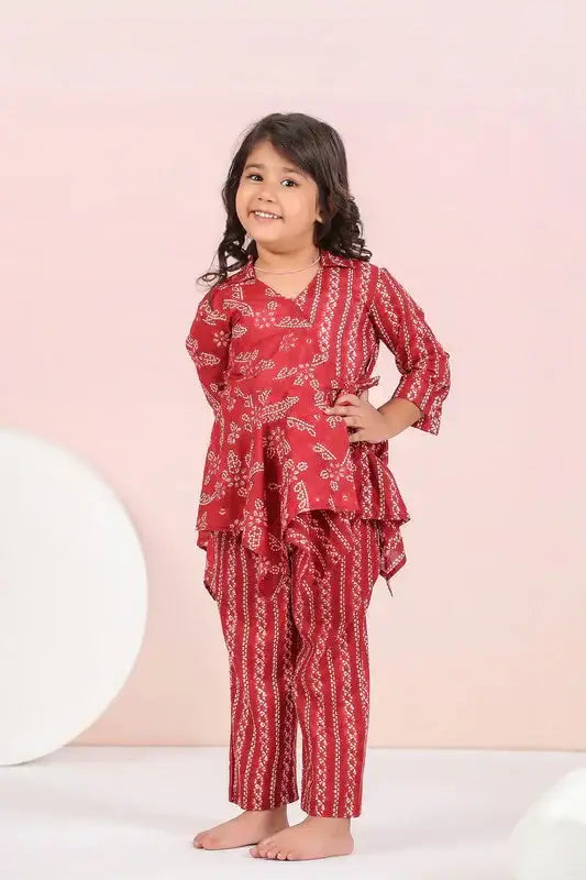 Floral Shibori On Maroon Kids Cotton Co-ord Set