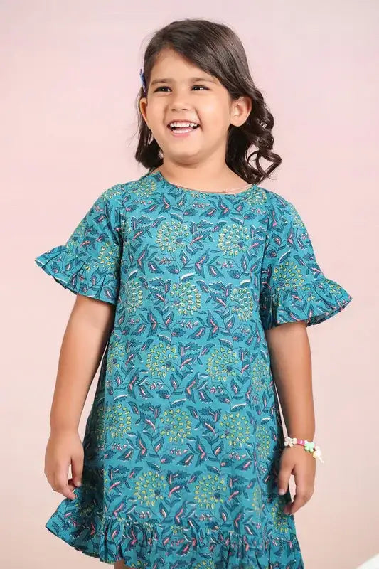 Azure Blossom Blue Cotton Kids Dress