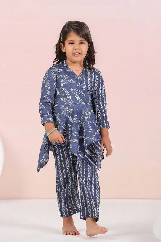 Floral Shibori On Blue Kids Cotton Co-ord Set