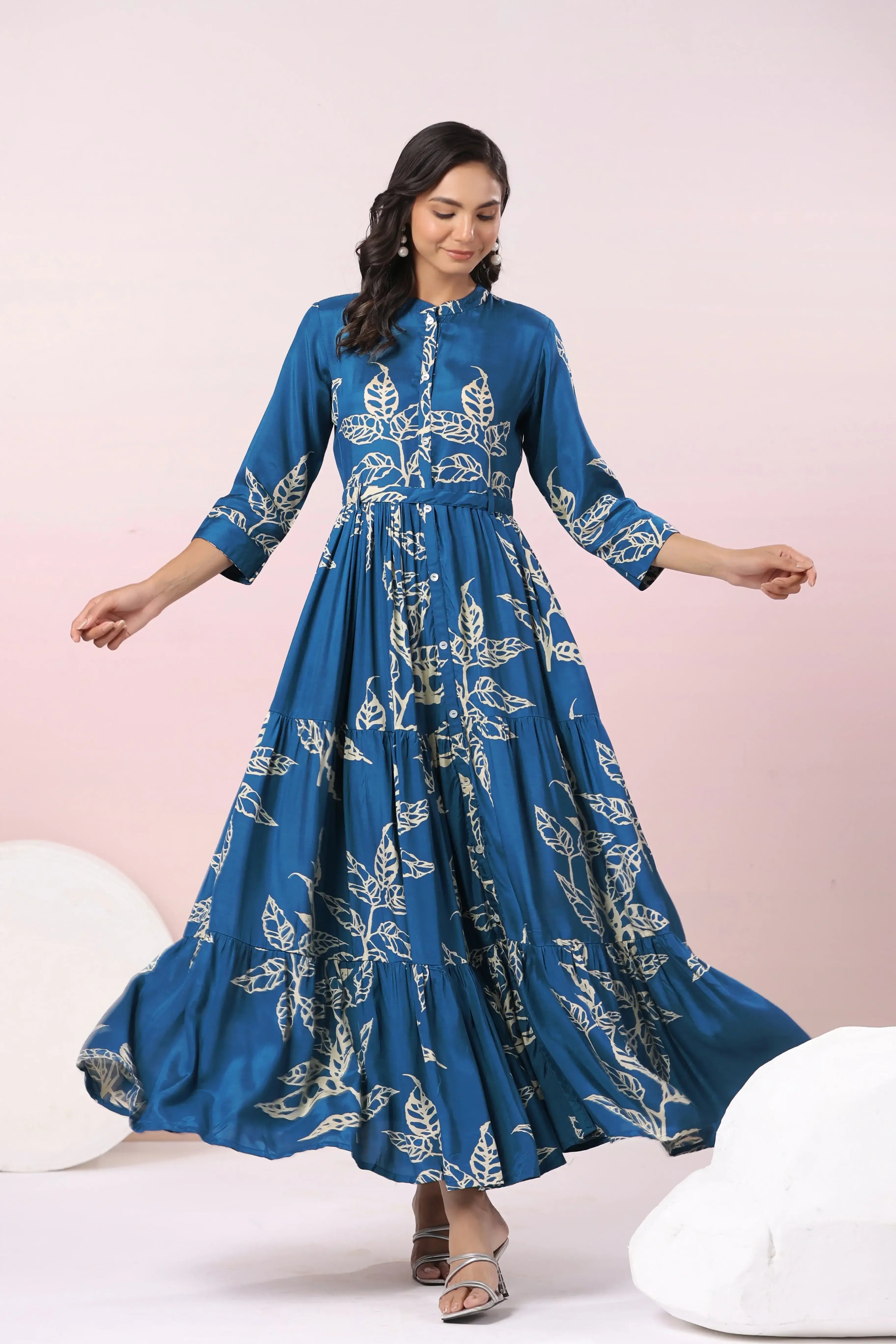 Azure Floral Elegance Russain Silk Dress