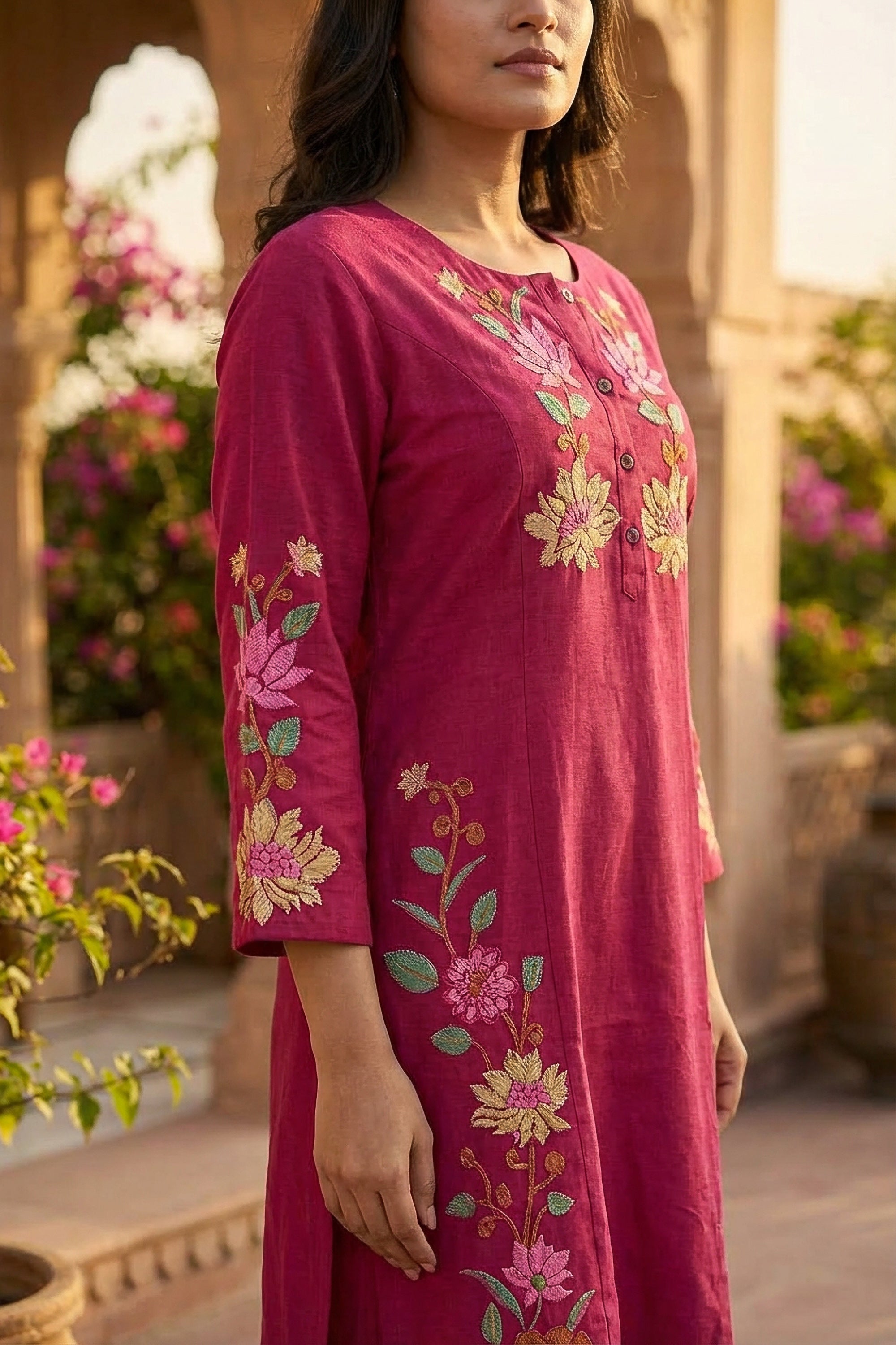 Pink Floral Embroidered Motif Cotton Flex Co-ord Set