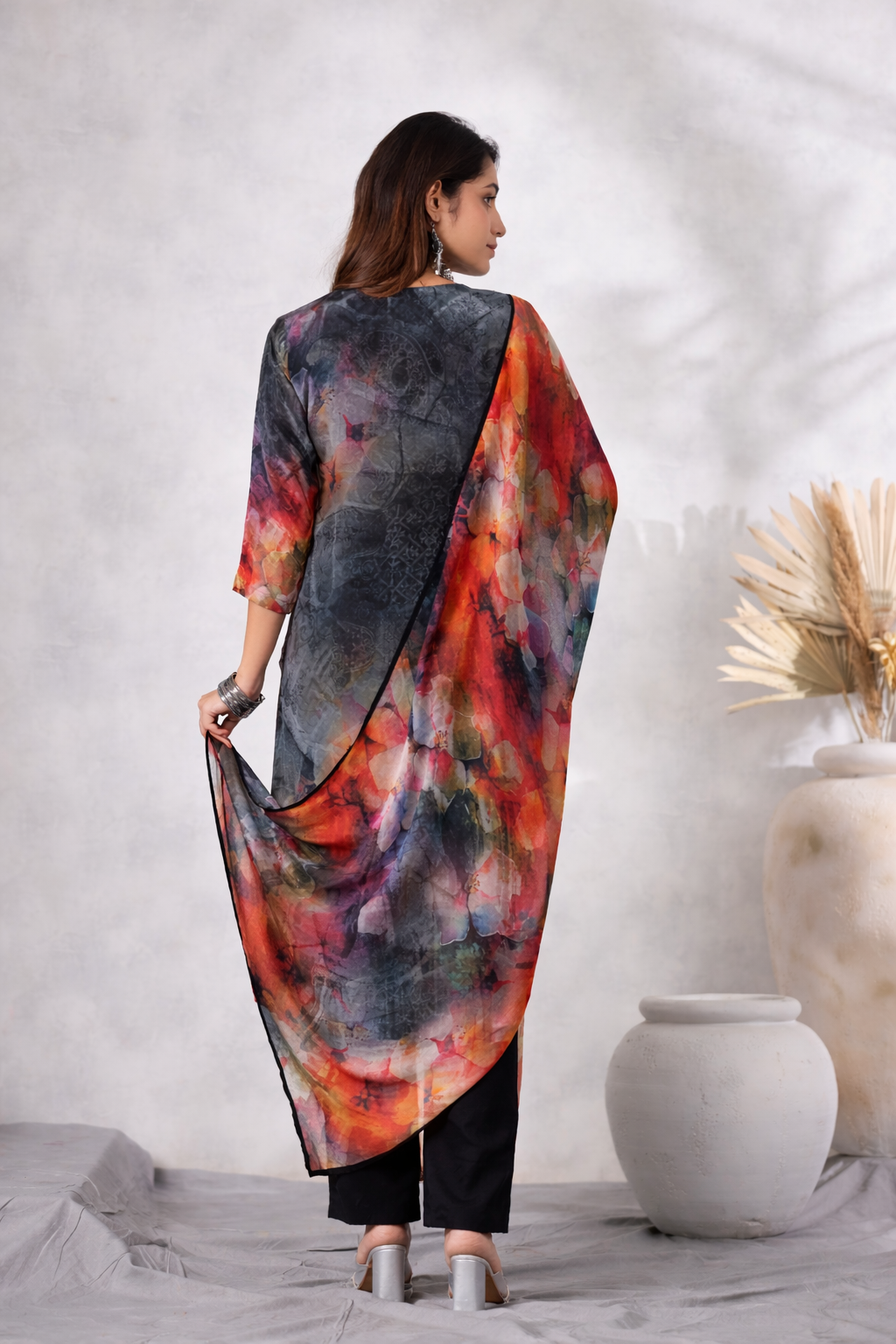 Black Digital Printed Russian Silk Straight Kurta Pant Set with Dupatta