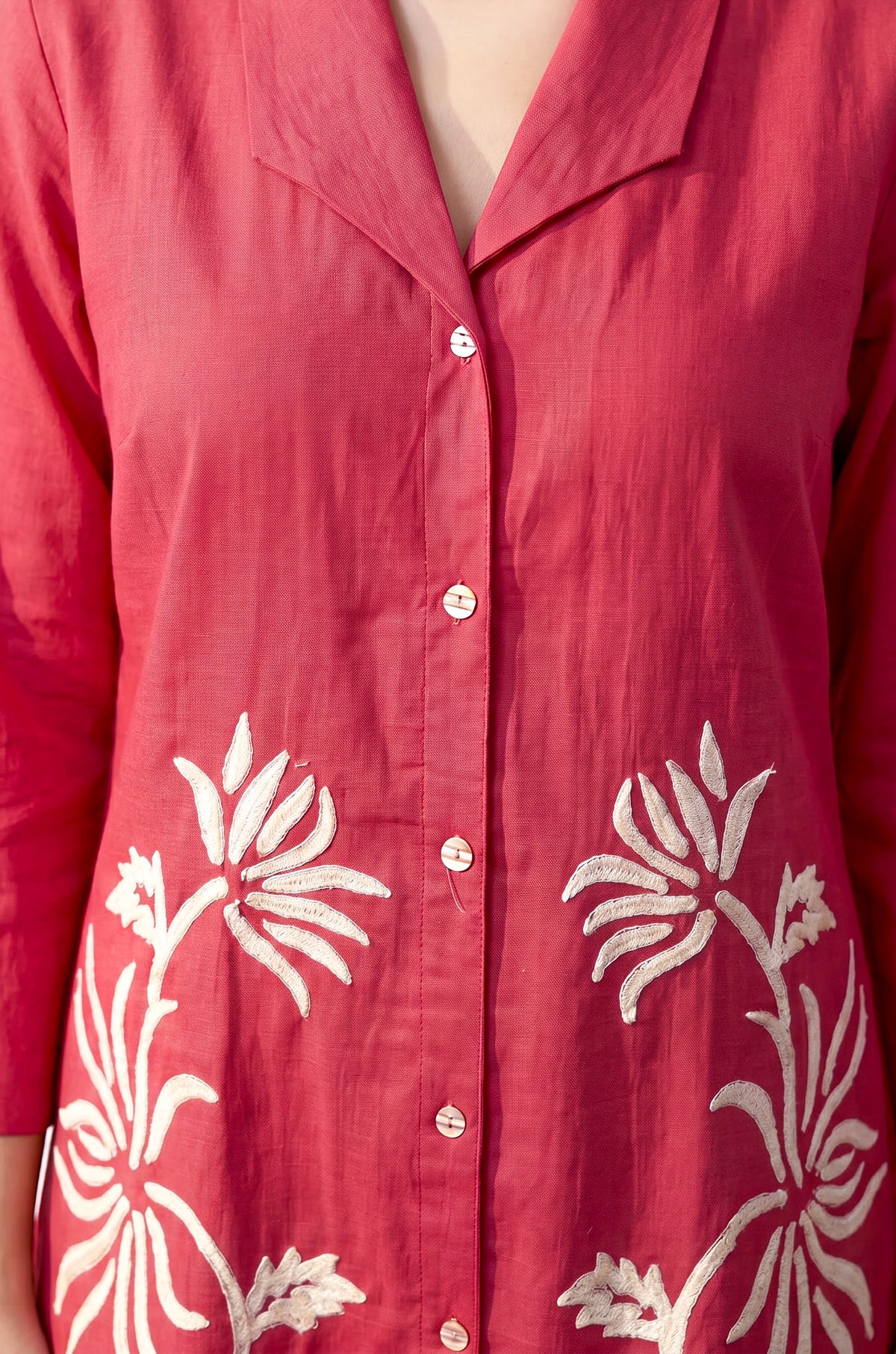 Fuchsia Floral Embroidery Shirt Collar Cotton Flex Co-ord Set