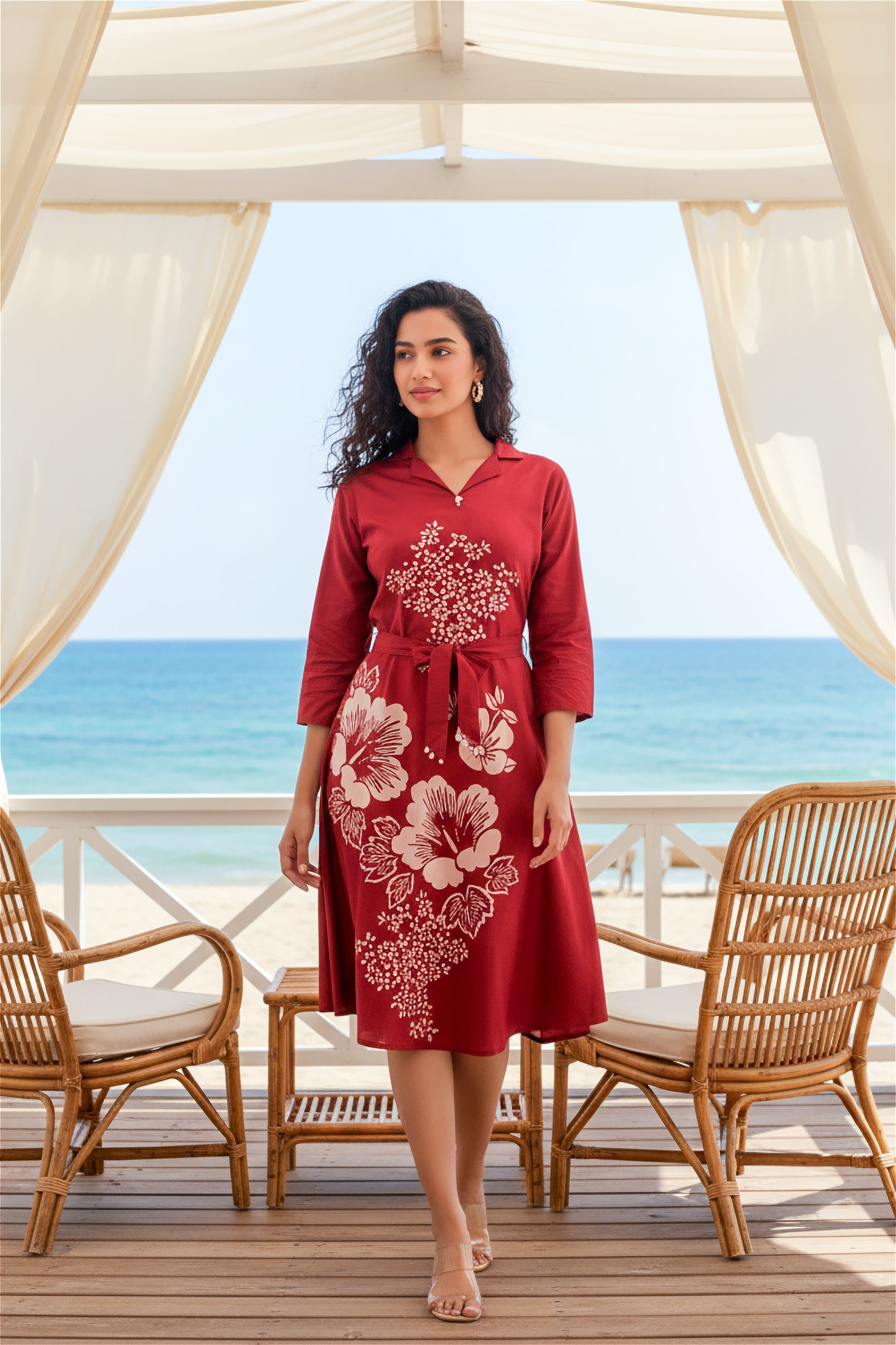 Red Floral Russian Silk Midi Dress