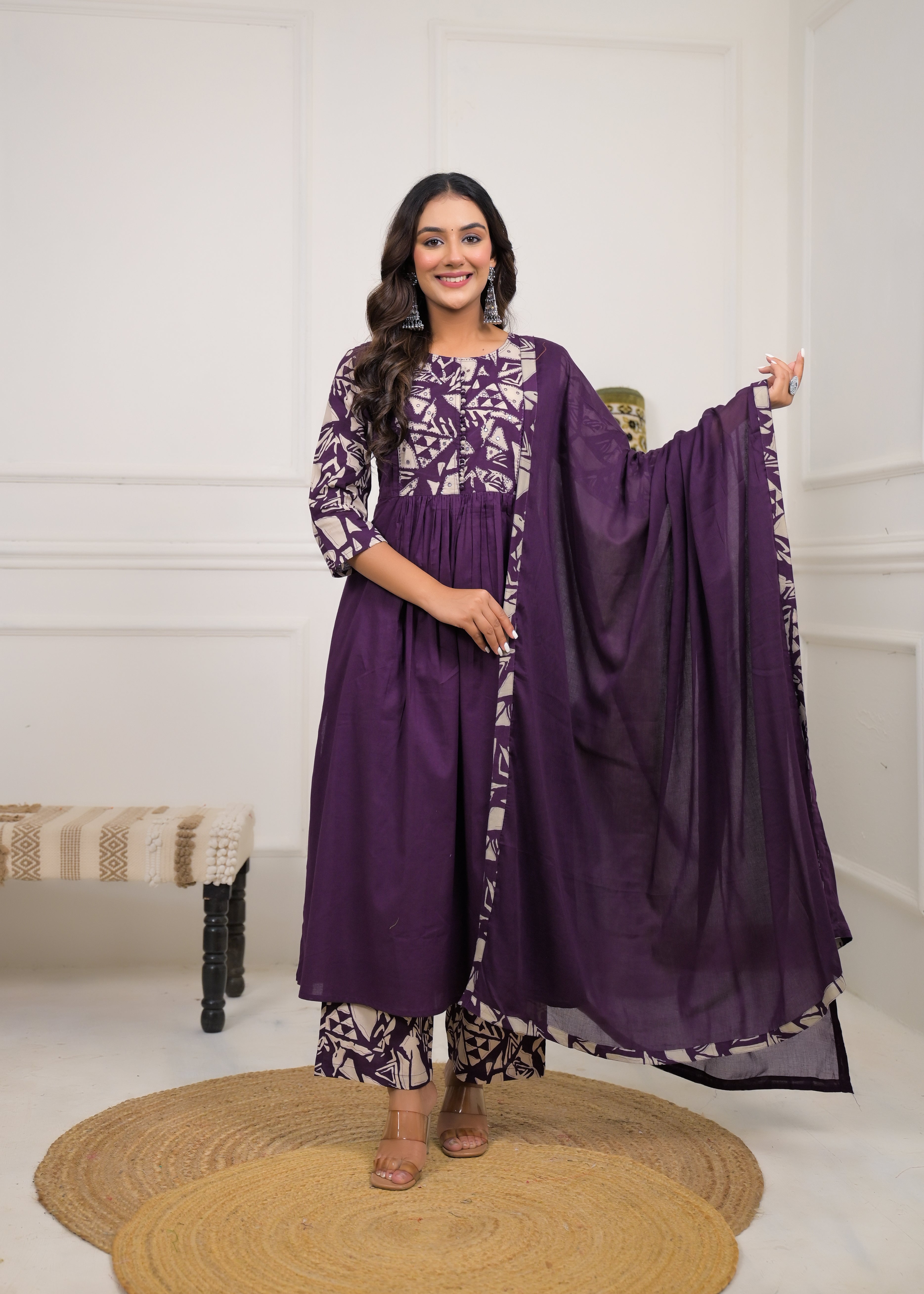 Purple Printed Anarkali Kurta Set with Dupatta