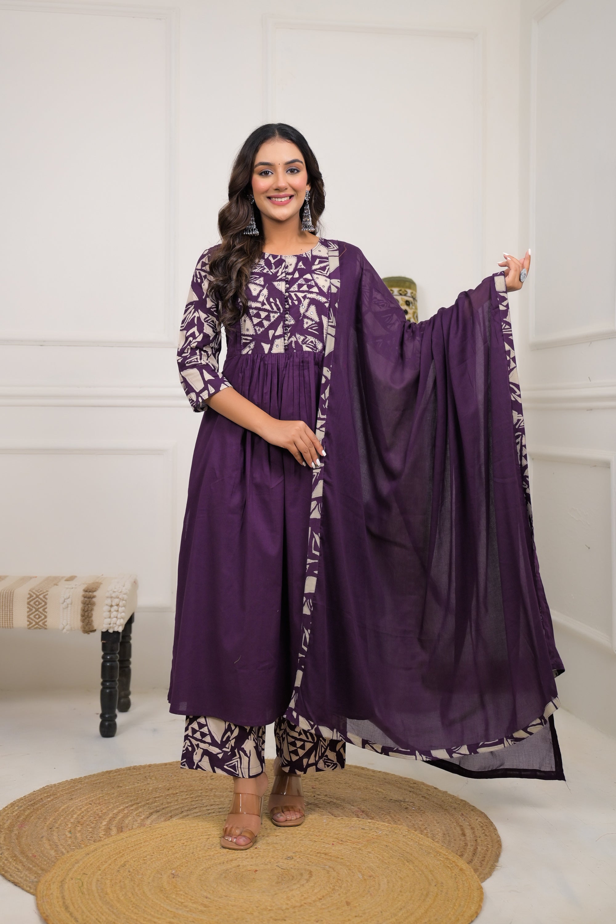 Purple Printed Cotton Anarkali Kurta Set with Dupatta
