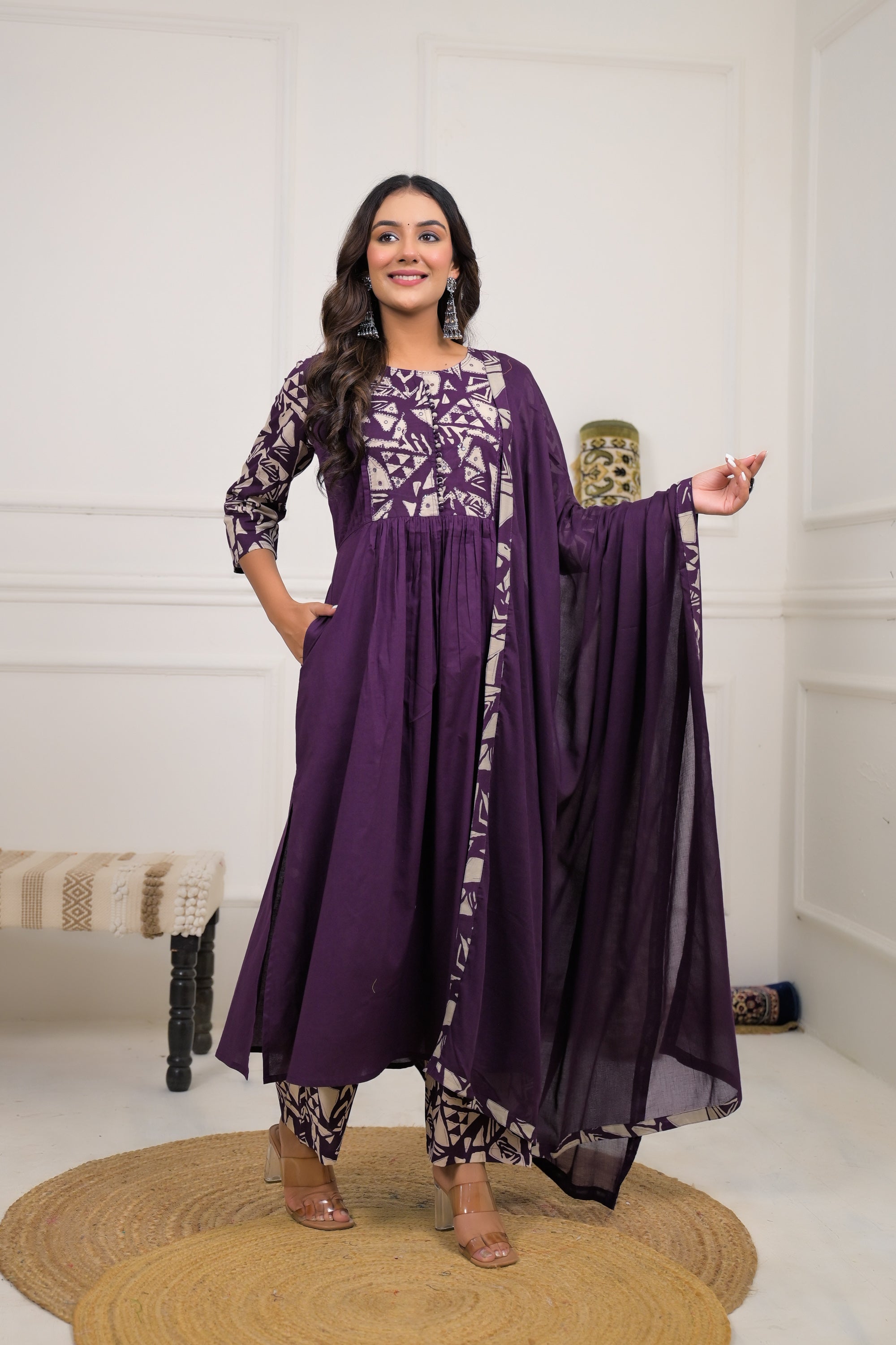 Purple Printed Cotton Anarkali Kurta Set with Dupatta