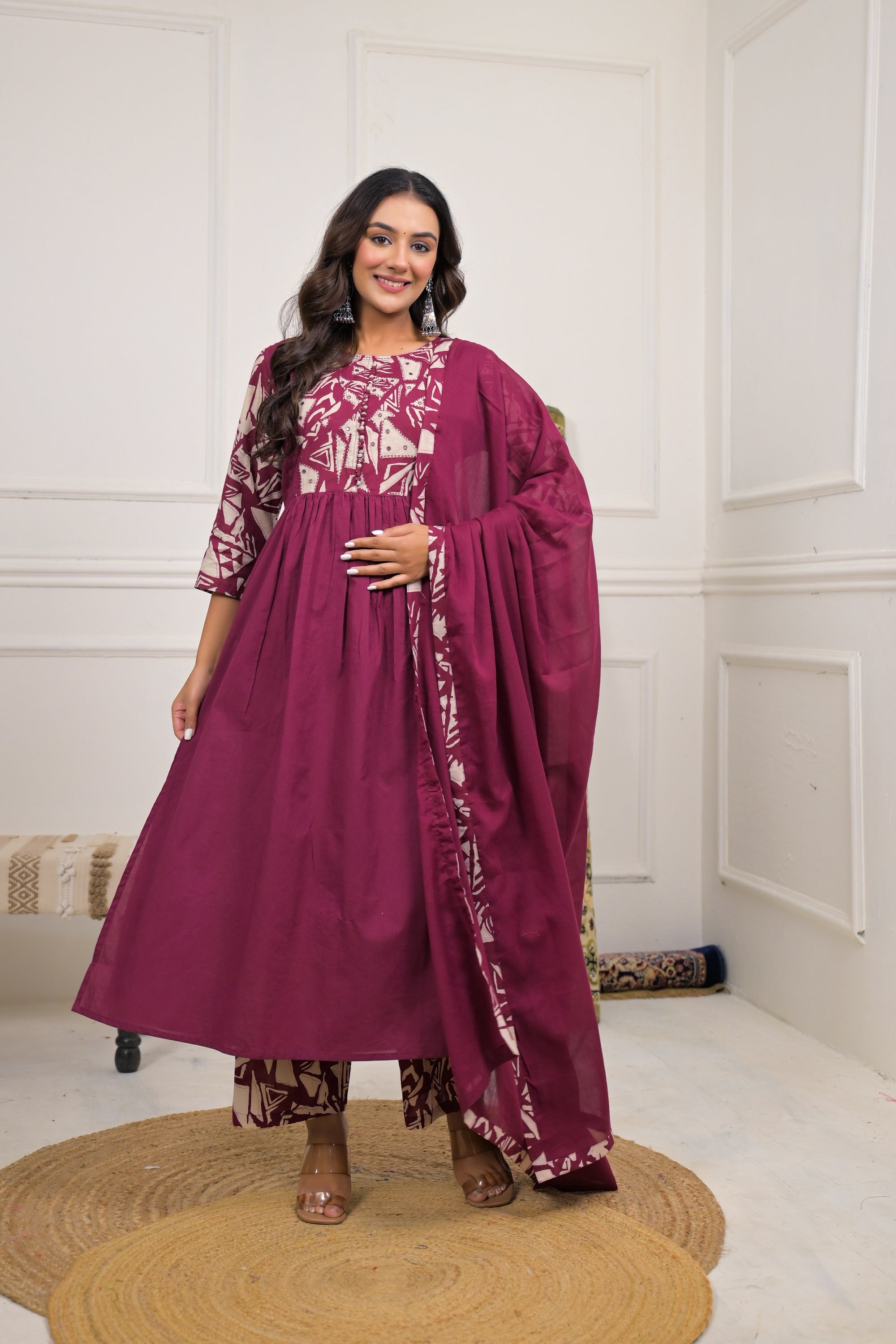 Maroon Printed Cotton Anarkali Kurta Set with Dupatta