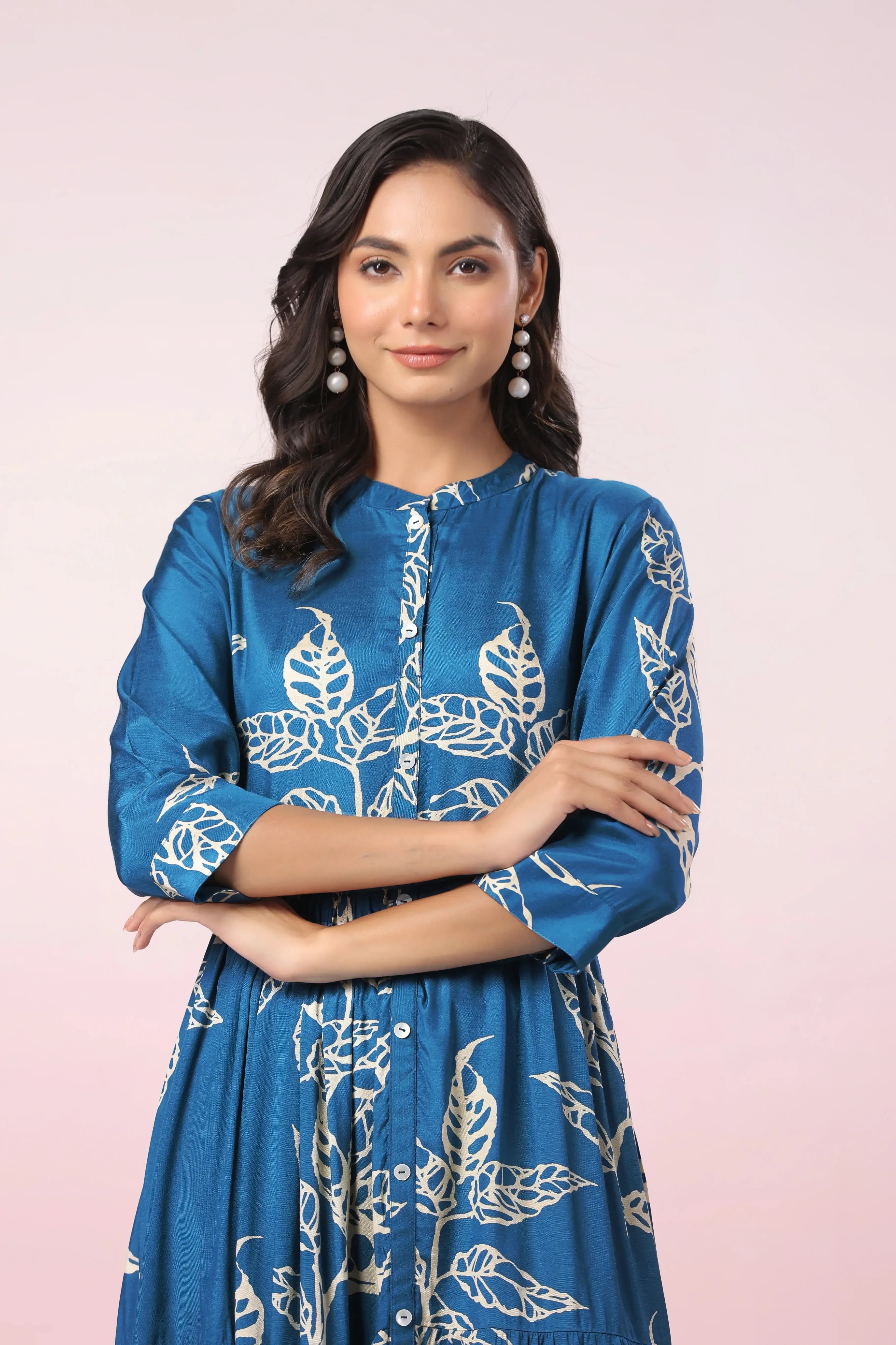 Azure Floral Elegance Russain Silk Dress