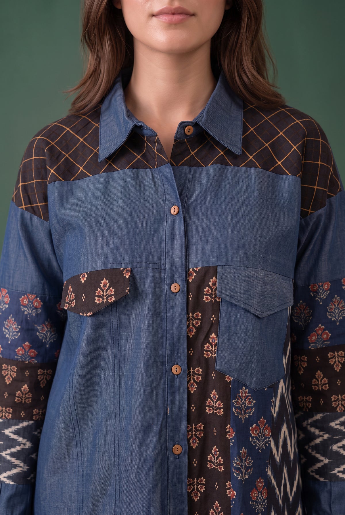 Blue Geometric and Floral Printed Patchwork Denim Cottom Co-ord Set