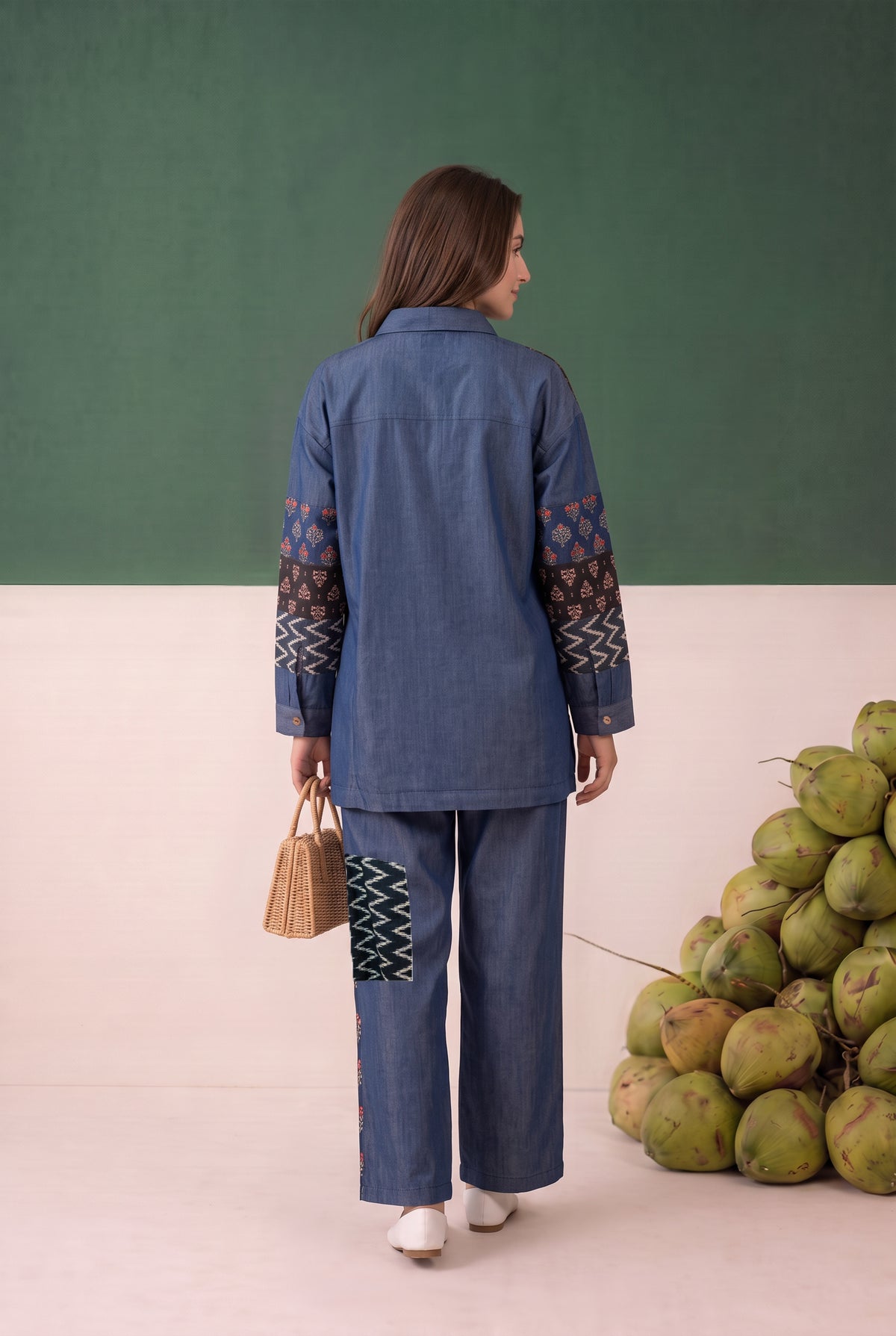 Blue Geometric and Floral Printed Patchwork Denim Cottom Co-ord Set