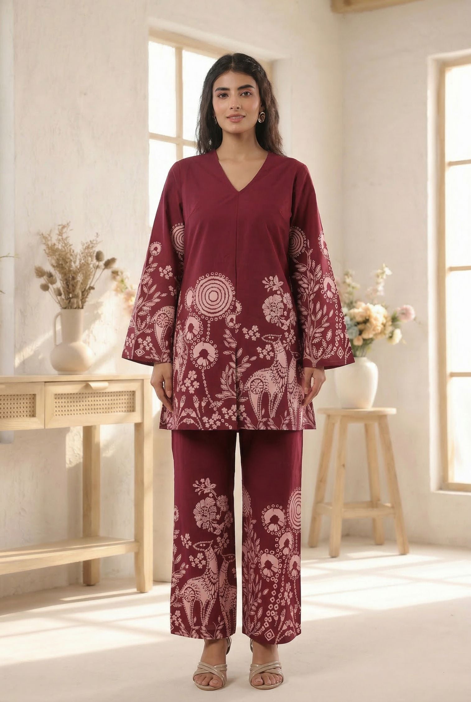 Wine Floral & Ethnic Printed Cotton Co-ord Set