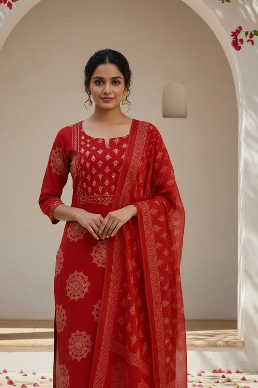 Scarlet Red Printed Kurta Pant Set with Dupatta