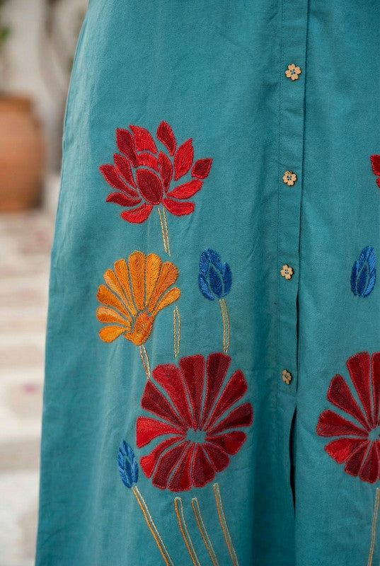 Teal Floral Embroidered Button-Down Cotton Flex Co-ord Set