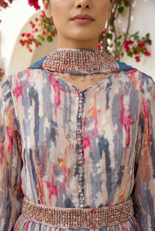 Multicolor Abstract Printed Russian Silk Dress with Dupatta