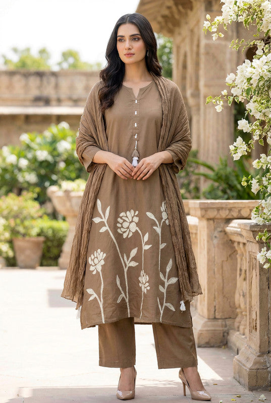 Brown Floral Embroidered Cotton Kurta Pant Set with Dupatta