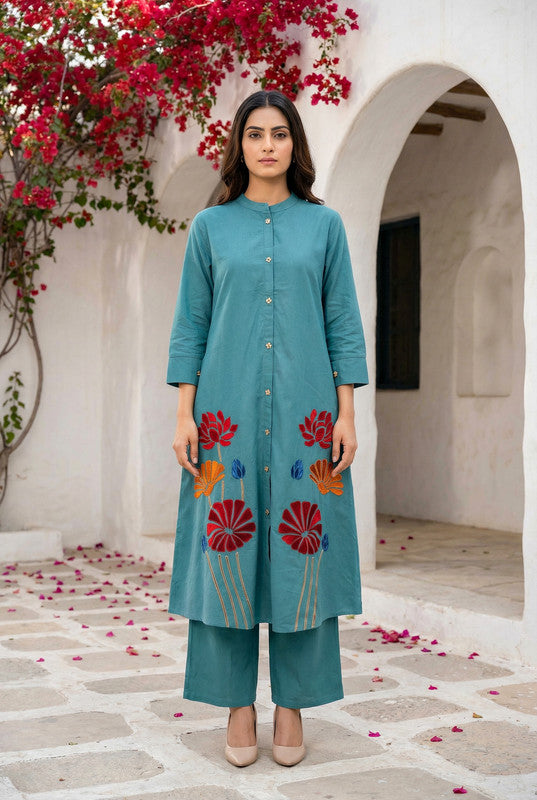 Teal Floral Embroidered Button-Down Cotton Flex Co-ord Set
