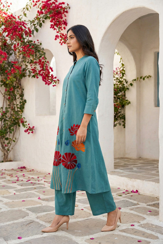 Teal Floral Embroidered Button-Down Cotton Flex Co-ord Set