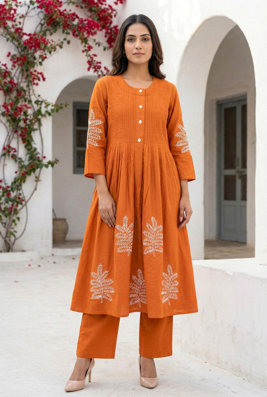 Rust Orange Pleated with Leaf Embroidery Cotton Co-ord Set