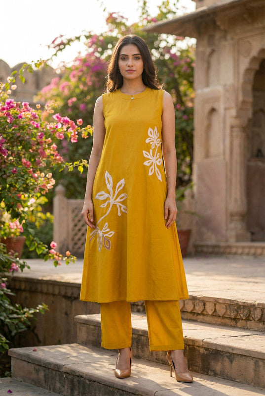 Mustard Yellow Floral Embroidered Sleeveless Cotton Co-ord Set