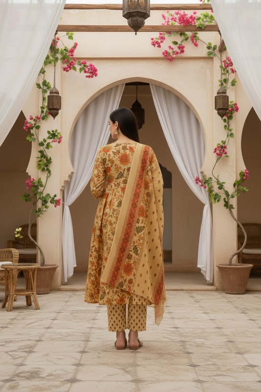 Yellow Floral Printed Kurta Pant Set with Dupatta