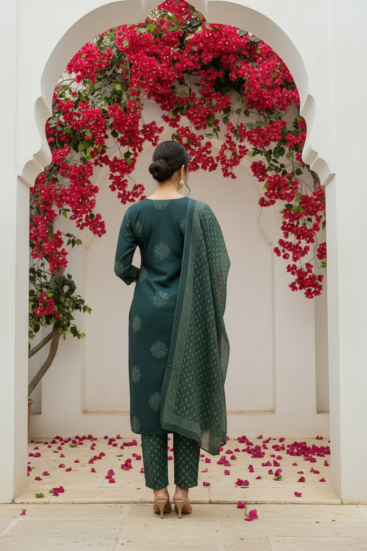 Forest Green Ethnic Motif Kurta Pant Set with Dupatta