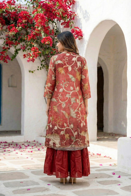 Maroon Flared Anarkali with Ethnic Printed Russian Silk Long Shrug Set