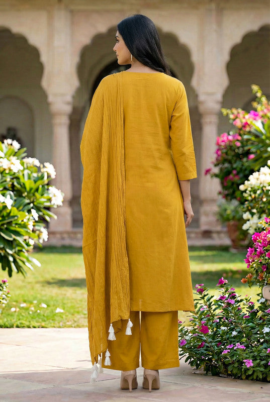 Yellow Floral A-Line Embroidery Cotton Kurta Pant Set with Dupatta