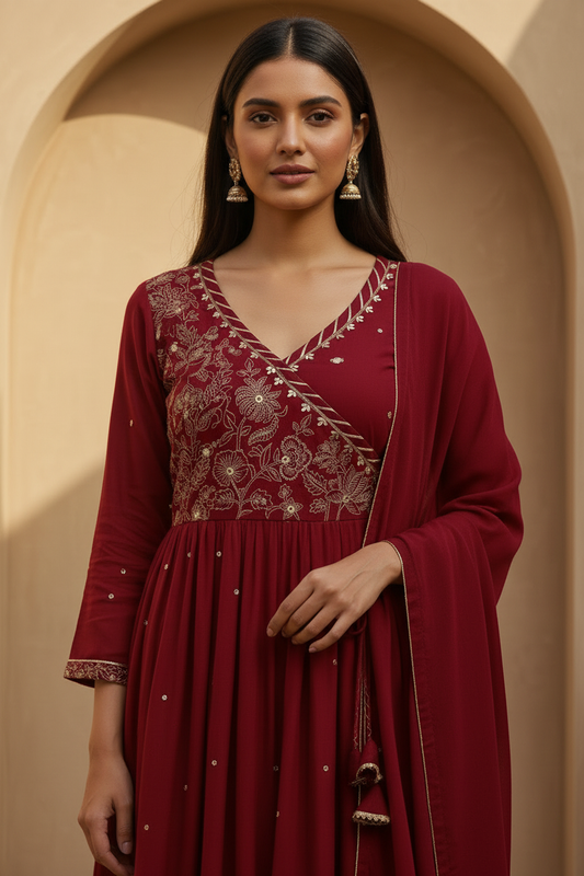 Wine Red Embroidered Kurta Pant Set with Dupatta
