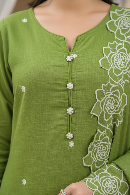 Olive Green Embroidered Kurta Pant Set with Dupatta