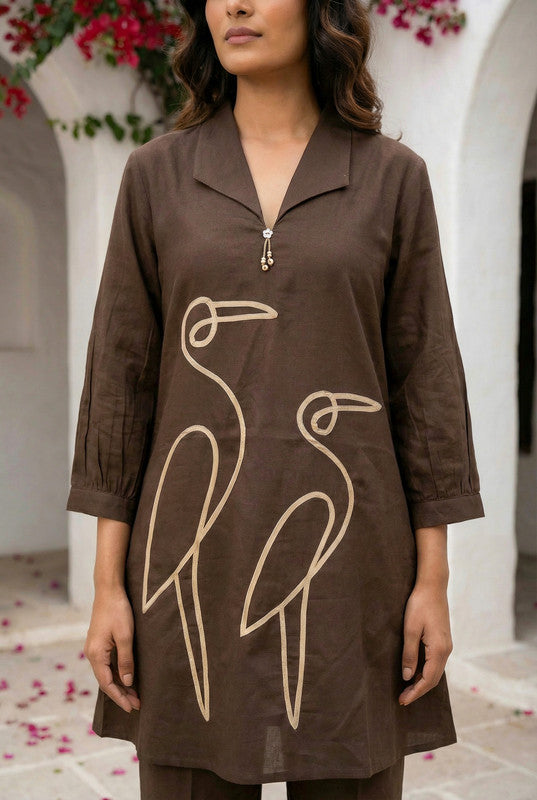 Elegant Brown Bird Design Embroidered Cotton Co-ord Set