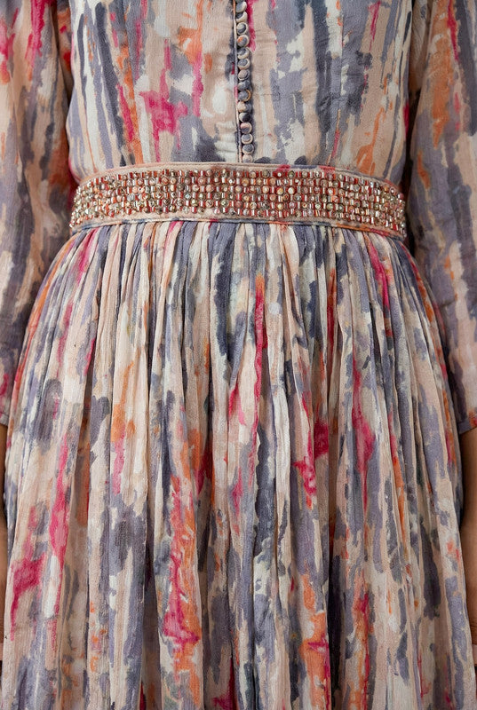 Multicolor Abstract Printed Russian Silk Dress with Dupatta