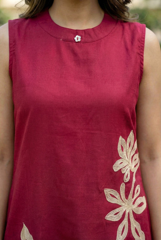 Maroon Floral Embroidered Sleeveless Cotton Co-ord Set