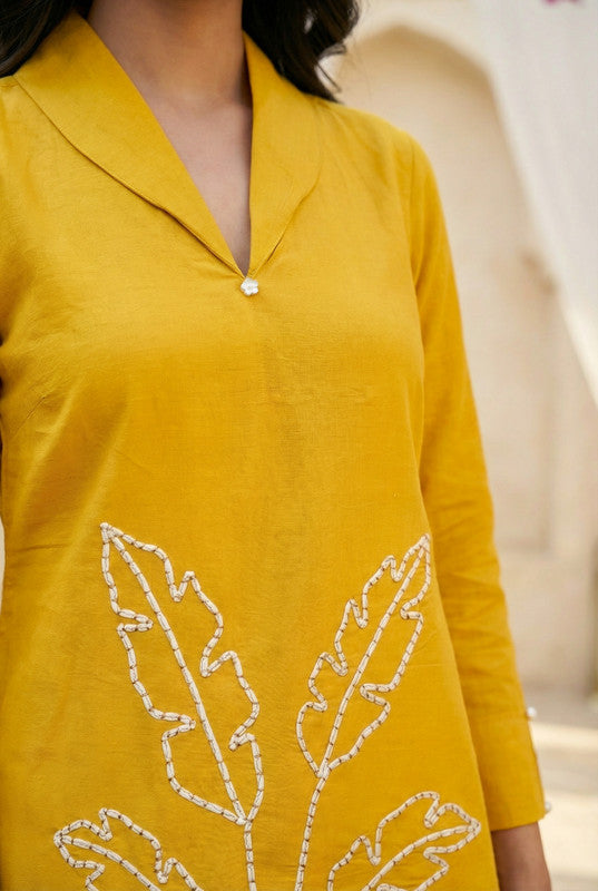 Mustard Yellow Leaf Embroidered Cotton Flex Co-ord Set