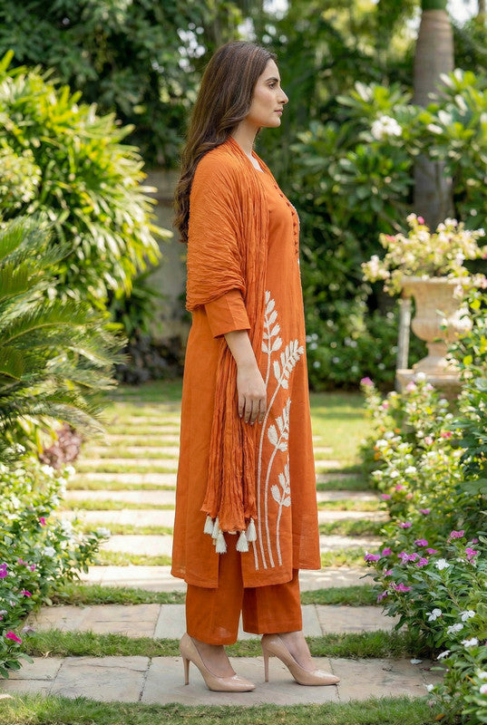 Orange Botanical Embroidered Straight Cotton Kurta Set with Dupatta