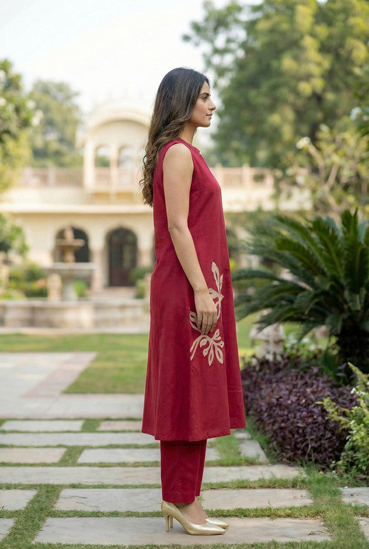 Maroon Floral Embroidered Sleeveless Cotton Co-ord Set
