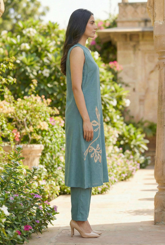 Blue Sleeveless A-Line Floral Embroidered Cotton Flex Co-ord Set