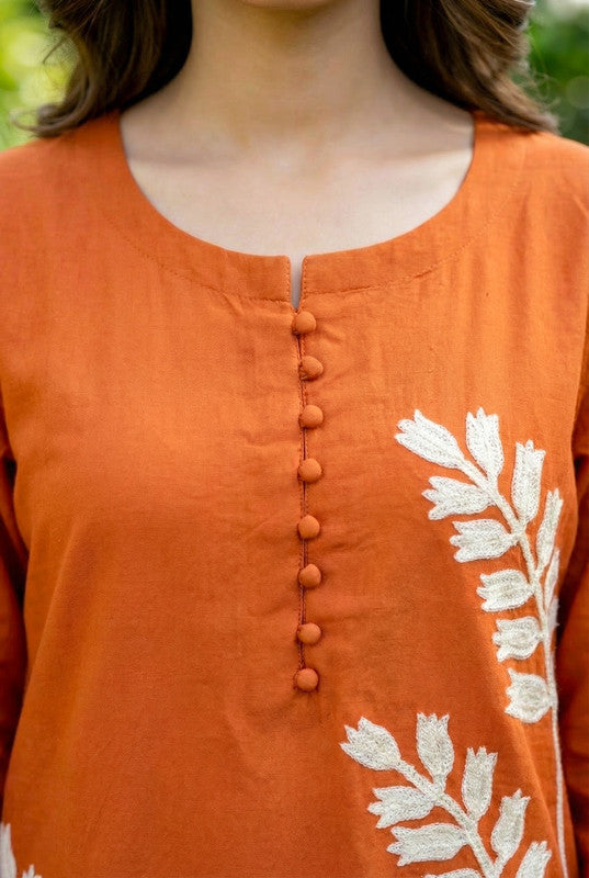 Orange Botanical Embroidered Straight Cotton Kurta Set with Dupatta