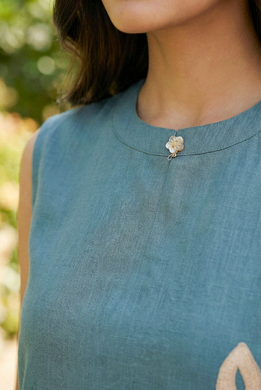 Blue Sleeveless A-Line Floral Embroidered Cotton Flex Co-ord Set