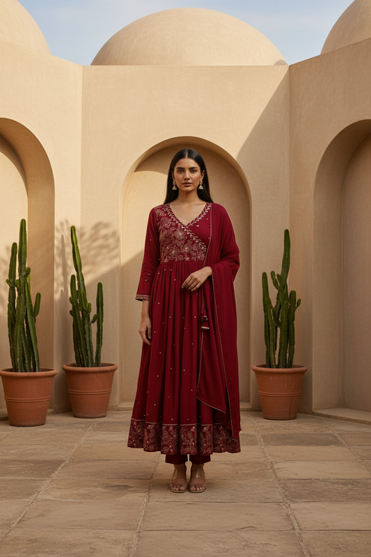 Wine Red Embroidered Kurta Pant Set with Dupatta