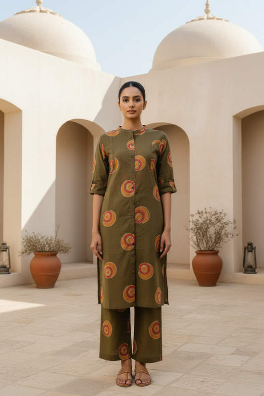 Abstract Print Mehndi Green Kurta Pant Set