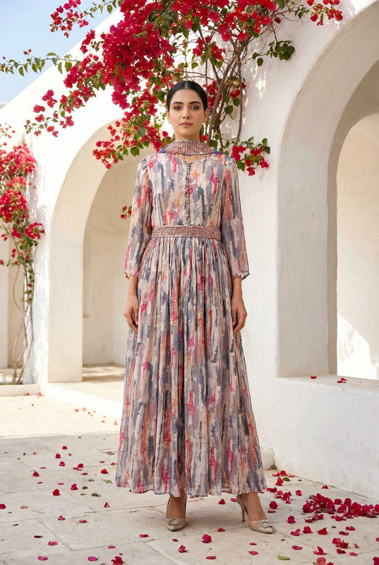 Multicolor Abstract Printed Russian Silk Dress with Dupatta