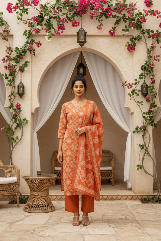Rust Orange Traditional Print Kurta Pant Set with Dupatta