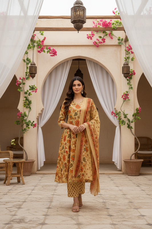 Yellow Floral Printed Kurta Pant Set with Dupatta