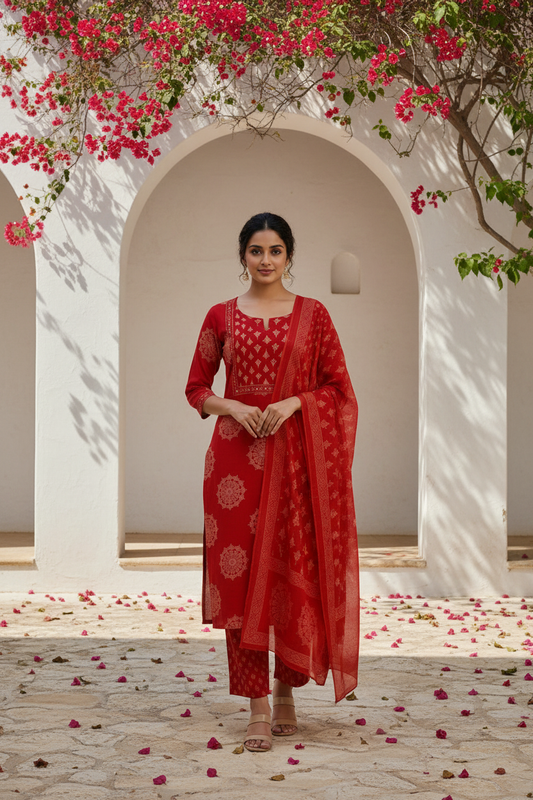 Scarlet Red Printed Kurta Pant Set with Dupatta